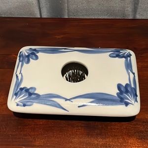 Ikebana Signed Studio Art Pottery Vase w/ Flower Frog & Blue Floral Decoration